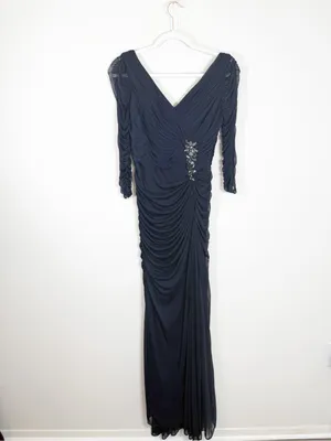 Adrianna Papell Ruched Mesh Navy Blue Beaded V Neck Maxi Dress Formal Size 4 thumbnail 2