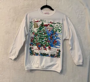 Vintage CR & ME Christmas Sweatshirt Womens Small White Puff Print Animals USA thumbnail 1