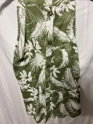 Olive Green Tropical Halter Tank with White Leaf Print Size M thumbnail 3