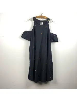 Zara navy blue cold shoulder poplin dress beaded detail XS thumbnail 4