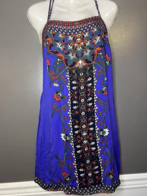 Ecote Dress Womens Large Blue Floral Criss Cross Back Slip Sundress Strappy Boho thumbnail 2