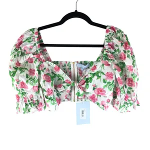 Hill House Womens The Isabella Top Crop Smocked Puff Sleeve Pink Roses White M thumbnail 2