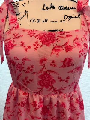 Wenrine Woman’s Tiered Summer Pink Floral Maxi Dress with Tie Straps thumbnail 11