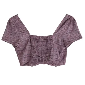 Cotton Candy LA Plaid Square Neck Crop Top Purple Dark Academia Smocked Size M thumbnail 4