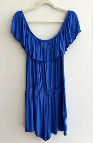 maitai Stretchy Off the Shoulder Ruffle Romper, Casual Summer,Royal Blue, Medium thumbnail 1