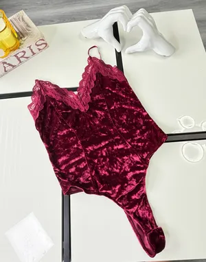 Bozzolo Burgundy Crushed Velvet Lace-Trim Bodysuit (Size L) ✨ thumbnail 2