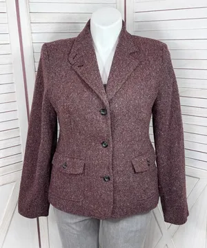 Vintage L.L. Bean Tweed‎ Blazer Large Burgundy Herringbone Wool Silk Blend Maroo thumbnail 1