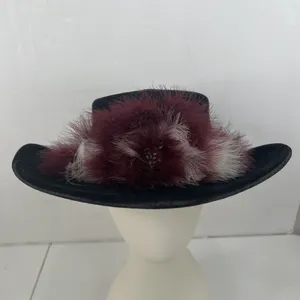 Bailey 7 1/8 Cowboy Hat U-Rollit Feather Trim Vintage Western Black Burgundy thumbnail 3