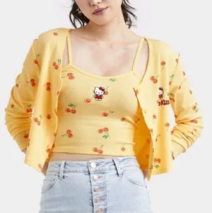 Hello Kitty Cardigan Sz M Yellow Ribbed Baby Doll Cropped Long Sleeve Button up thumbnail 1