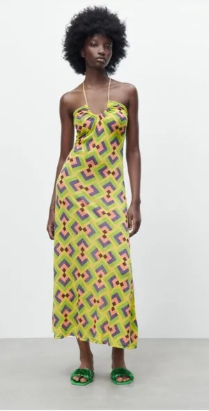 Zara Yellow Green Pink Geometric Slip Maxi Dress thumbnail 1