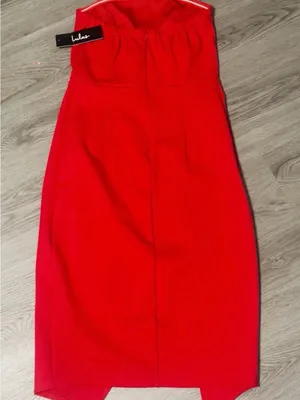 Lulus Strapless Bodycon Dress Sz S Jazzie Red Asymmetrical Hem Wedding Guest thumbnail 7