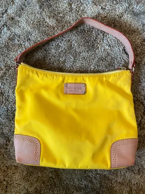 Kate Spade Yellow Nylon Shoulder Purse Hand Bag Brown Leather Trim Zip Top thumbnail 1