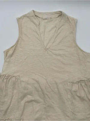 LUSH Sleeveless Notched V-neck Tiered Ruffle Cotton Mini Dress Sz Small Cream thumbnail 4