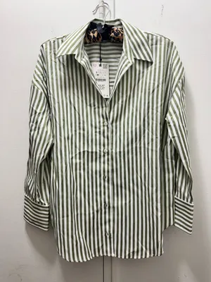 NWT Zara Fall Women Green and White Stripe Button-Up Shirt Small thumbnail 1