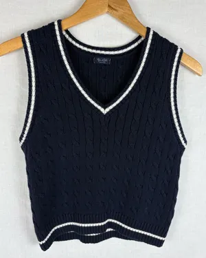 John Galt Navy Blue Cable Knit V-Neck Sweater Vest thumbnail 1
