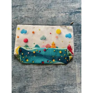 Colorful Trees Clouds Stars Cotton Canvas Small Makeup Bag Travel Toiletry Pouch thumbnail 2
