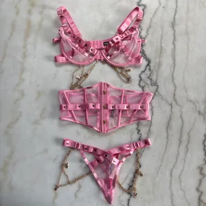 Playboy Charm Waspie 3pc Lingerie Set Pink Bra Corset Thong Gold Bunny Chains thumbnail 4