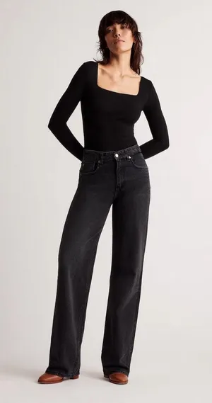 NWT Quince Second Skin Square Neck Long Sleeve Black Bodysuit Sz XS thumbnail 1