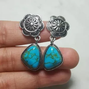 Vintage women silver plated Turquoise Dangle Drop Hoop Earrings thumbnail 1