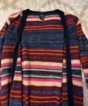 Rue21 Striped Multicolor Open Cardigan with Navy Trim thumbnail 1