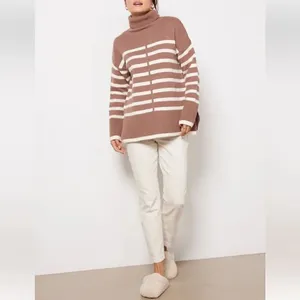 Line & Dot Stripe Pullover Tan & Cream Turtleneck Sweater(Size Medium) thumbnail 3