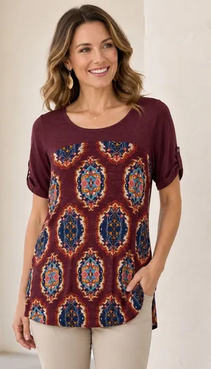 Meadow Rue Size S Top Mixed Media Medallion Print Burgundy Boho Anthropologie thumbnail 1