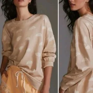 Anthropologie Daily Practice Creme Tan Rainbow Print Crew Pullover Sweatshirt XS thumbnail 3