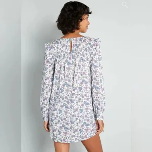 Modcloth Floral Prairie Doll Mini Dress Ruffle Shoulder Purple Blue M NWT thumbnail 3