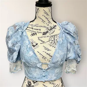 For Love & Lemons Uma Lace Crop Top S Blue Embroidered Puff Sleeve NWT Fairycore thumbnail 5