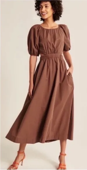 Abercrombie & Fitch Cut Out Puff Sleeve Midi Dress Brown Sz Medium thumbnail 1
