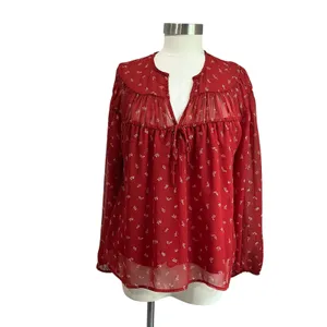 Old Navy Tie Front Red Floral Chiffon Long Sleeve Boho Blouse Sz‎ L thumbnail 2