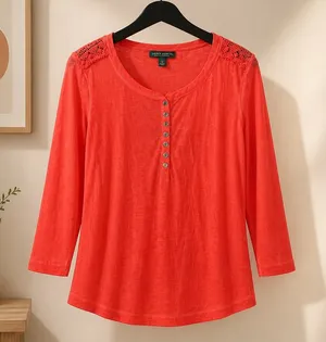 Lauren Jeans Co. Ralph Lauren Women's Red Henley Shirt with Crochet Shoulder Det thumbnail 1