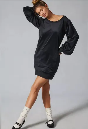 Anthropologie Daily Practice black Velvet Puff-Sleeve sweatshirt Dress size xl thumbnail 1