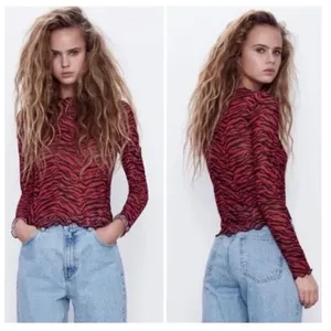 NEW Zara Sheer Animal Print‎ Mesh Top Women's S Red Long Sleeve Y2K thumbnail 7