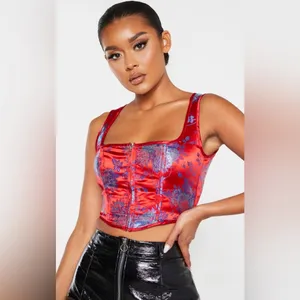 NWOT PrettyLittleThing Red and Blue‎ Satin Oriental Zip Front Corset Crop Top thumbnail 4