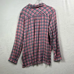 Entro Pink Navy Plaid Button Down Shirt Crochet Lace Frayed Hem‎ T6382 Large thumbnail 2