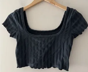 Aerie Offline Charcoal Gray Ribbed Square Neck Crop‎ Top Lettuce Hem thumbnail 1