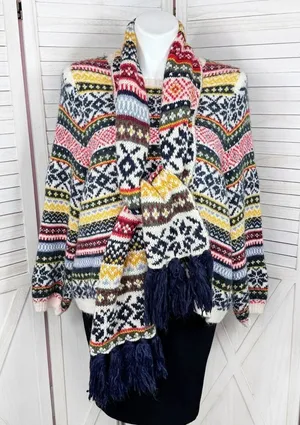 Old Navy Fair Isle Chunky Knit Sweater & Scarf White Multicolor‎ XXL thumbnail 1