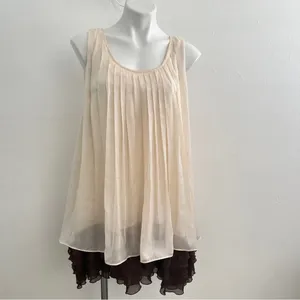 NEW Anthropologie Ryu Pleated Ruffle Babydoll Dress SMALL Sleeveless Beige/Brown thumbnail 3