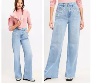 LOFT The Wide Leg Bedazzled Jeans High Rise Statement Denim‎ Size 29 thumbnail 2