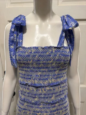 LoveShackFancy Belle Smocked Tie Straps Cotton Mini Dress Blue Jay Floral Print thumbnail 3