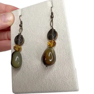 Natural Stone & Antiqued Brass Swirl Amber Faceted Bead Dangle Pierced Earrings thumbnail 3