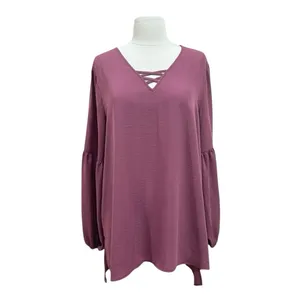 Maurices Mauve Pink Lantern Sleeve Lattice Neck Blouse Size Large thumbnail 12