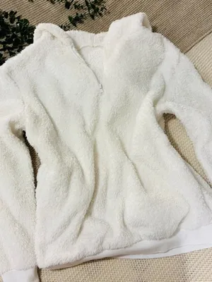 Cozy White Sherpa Teddy Fleece Quarter-Zip Hoodie Pullover - Size Medium thumbnail 1