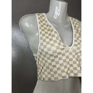 Free People Bralette Bra Womens M-L White Gold Check Knit Glitter Crop Top thumbnail 2