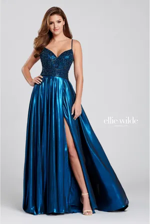 Brand new Ellie Wilde metallic blue prom dress. Never worn, no alterations. Beaded bodice, open back, and slit. Paid $700. Beautiful designer gown in perfect condition. thumbnail 1