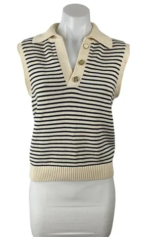NetWork Women's Cream Black Striped Sleeveless Knit Polo Vest Sweater Top Size S thumbnail 1