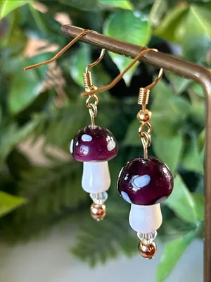 Handmade Purple Mushroom + Hematite Drop Earrings in gold 🍄 thumbnail 4
