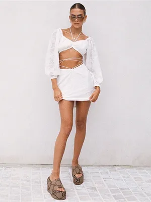 SABO Anita White Textured Long Sleeve Open Back Mini Dress Womens Large thumbnail 2