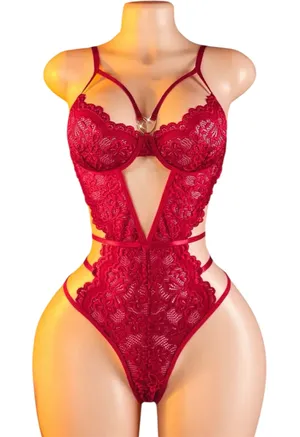Body Lingerie Red Floral Lace Sexy Cut-Out Strappy Size M thumbnail 1